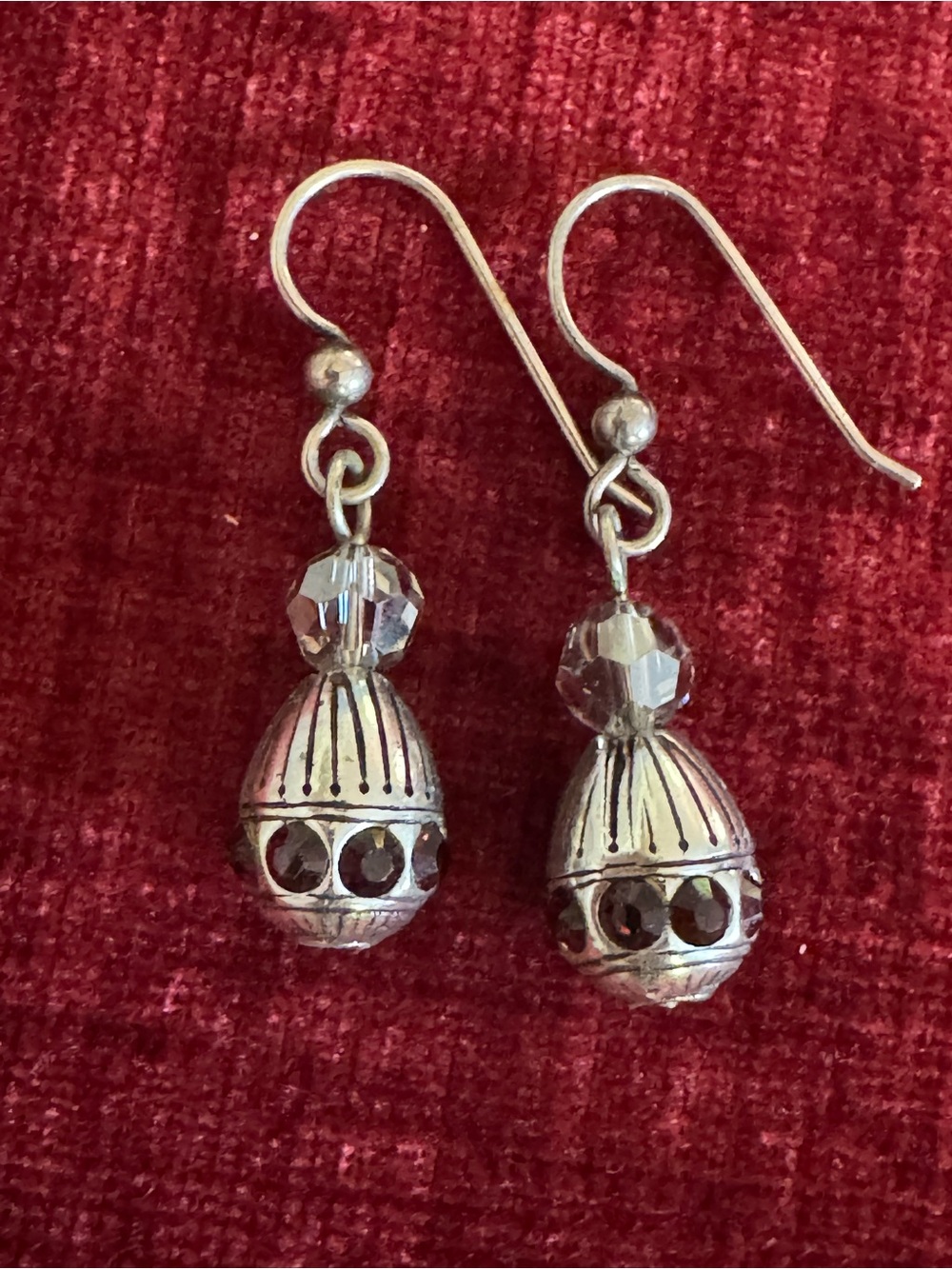 Vintage Brighton silver plated and Swarovski crystal drop earrings.  Ruby tone